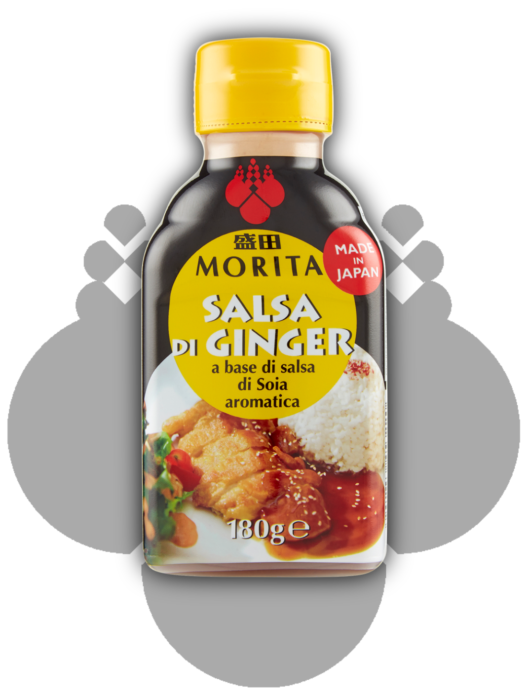 La boccetta di salsa di ginger Morita con il logo Morita sullo sfondo.