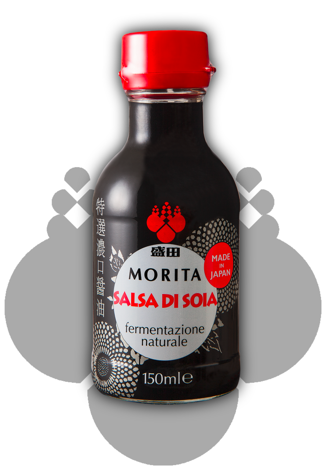 La boccetta di salsa di soia Morita con il logo Morita sullo sfondo.