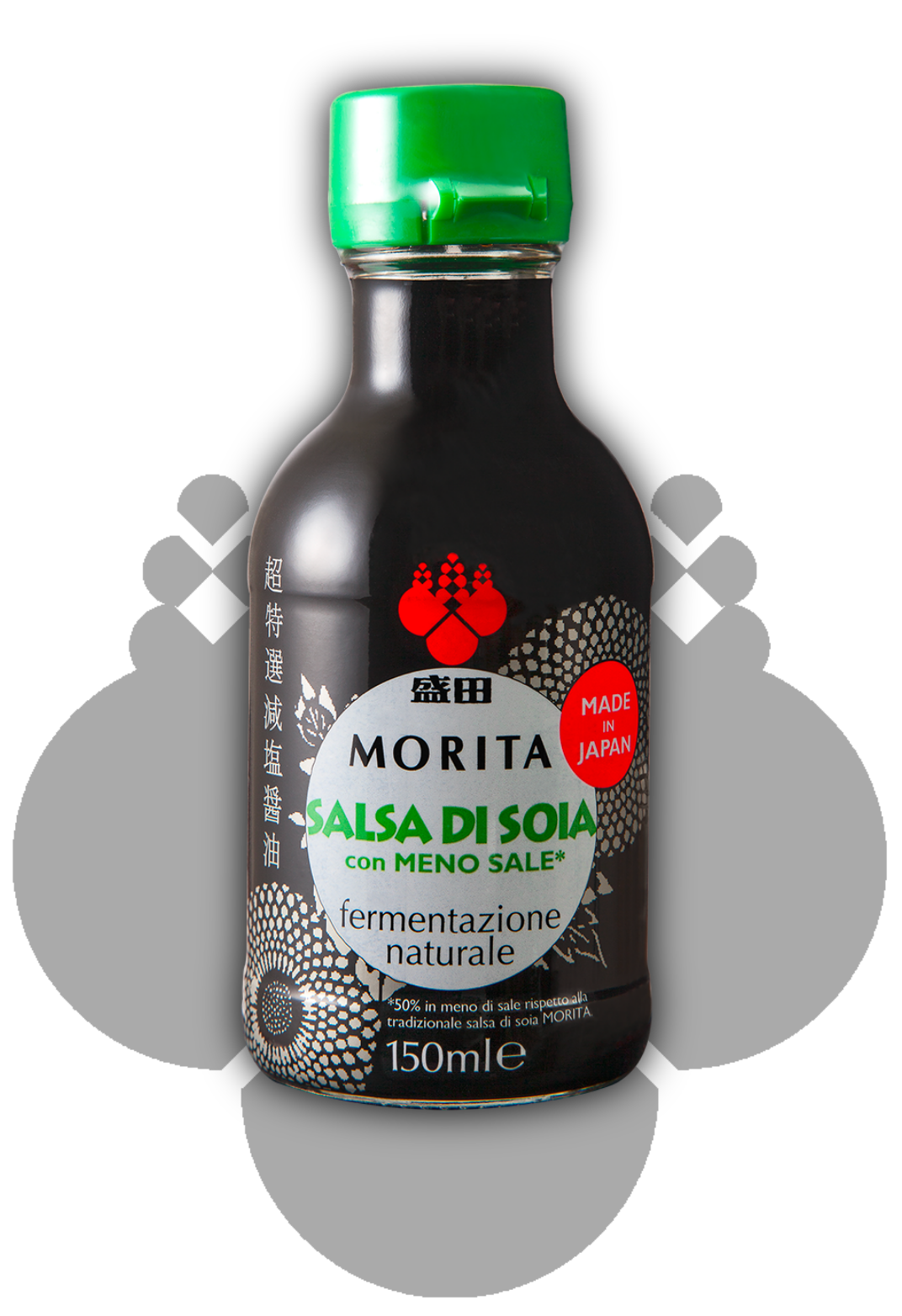 La boccetta di salsa di soia meno sale Morita con il logo Morita sullo sfondo.
